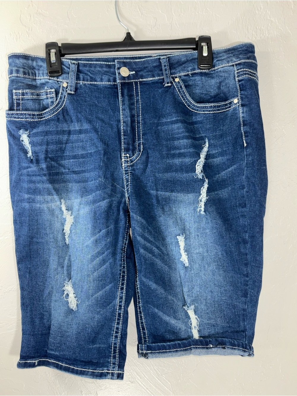 1. State Distressed Medium Blue Denim Bermuda Shorts